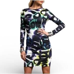 Bebe Colourful Long Sleeve Graffiti Print Abstract Bodycon Dress - Size XS